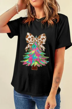 Sale Dear-Lover Heat Transfer Printing Christmas Tree Bowknot T-Shirt Black