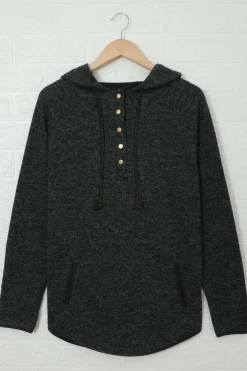 Online Dear-Lover Heathered Print Button Snap Neck Pullover Hoodie Black