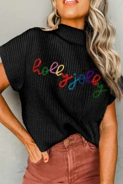 Hot Dear-Lover High Neck Christmas Holly Jolly Short Sleeve Sweater Black