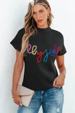 Hot Dear-Lover High Neck Christmas Holly Jolly Short Sleeve Sweater Black