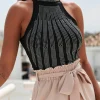 Hot Dear-Lover High Neck Sleeveless Diamante Bodysuit Black