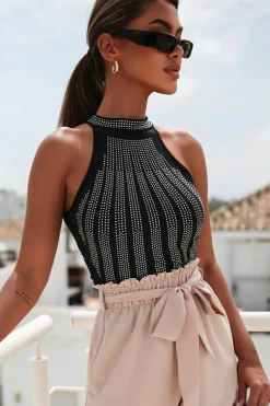 Hot Dear-Lover High Neck Sleeveless Diamante Bodysuit Black