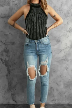 Hot Dear-Lover High Neck Sleeveless Diamante Bodysuit Black