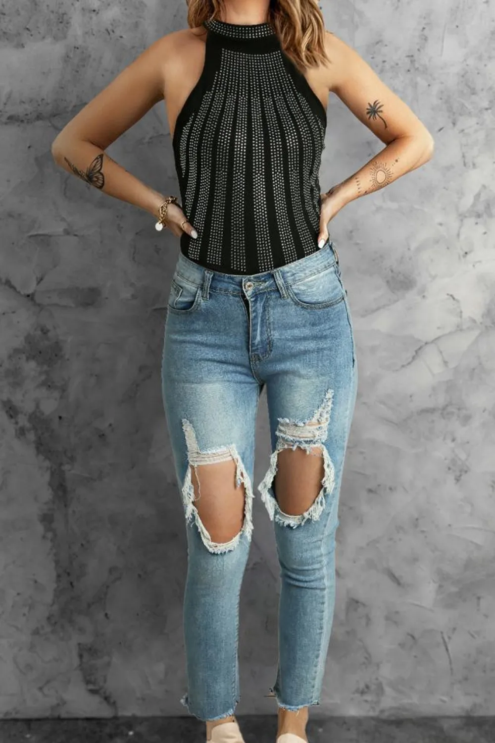 Hot Dear-Lover High Neck Sleeveless Diamante Bodysuit Black