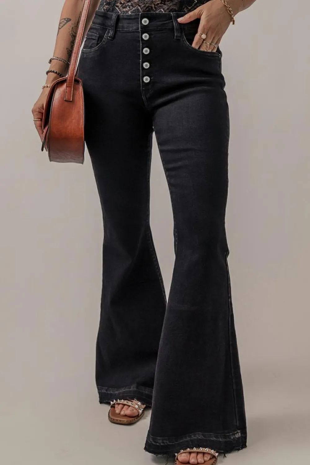 Hot Dear-Lover High Waist Button Front Flare Jeans Black