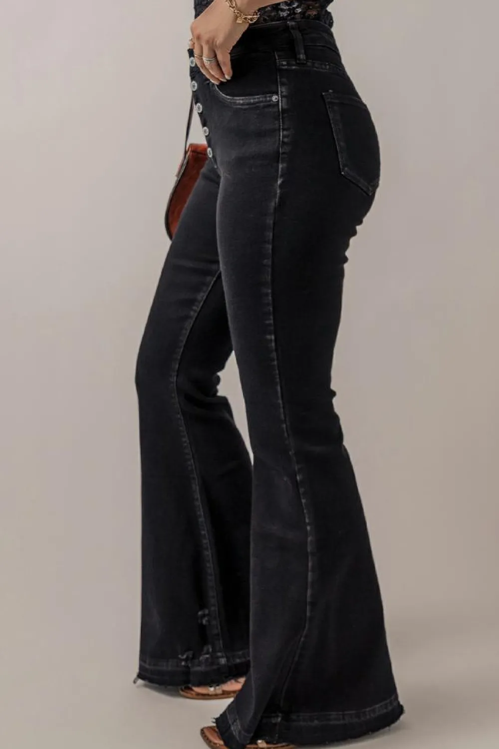 Hot Dear-Lover High Waist Button Front Flare Jeans Black