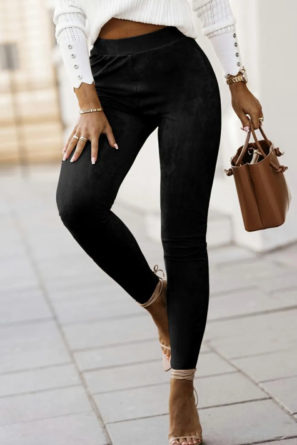 Hot Dear-Lover High Waist Faux Suede Skinny Leggings Black