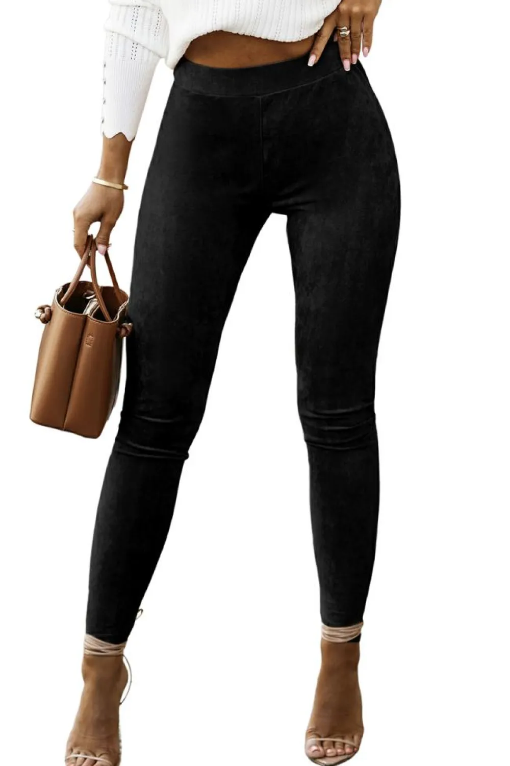 Hot Dear-Lover High Waist Faux Suede Skinny Leggings Black