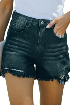 Online Dear-Lover High Waist Frayed Denim Shorts Black