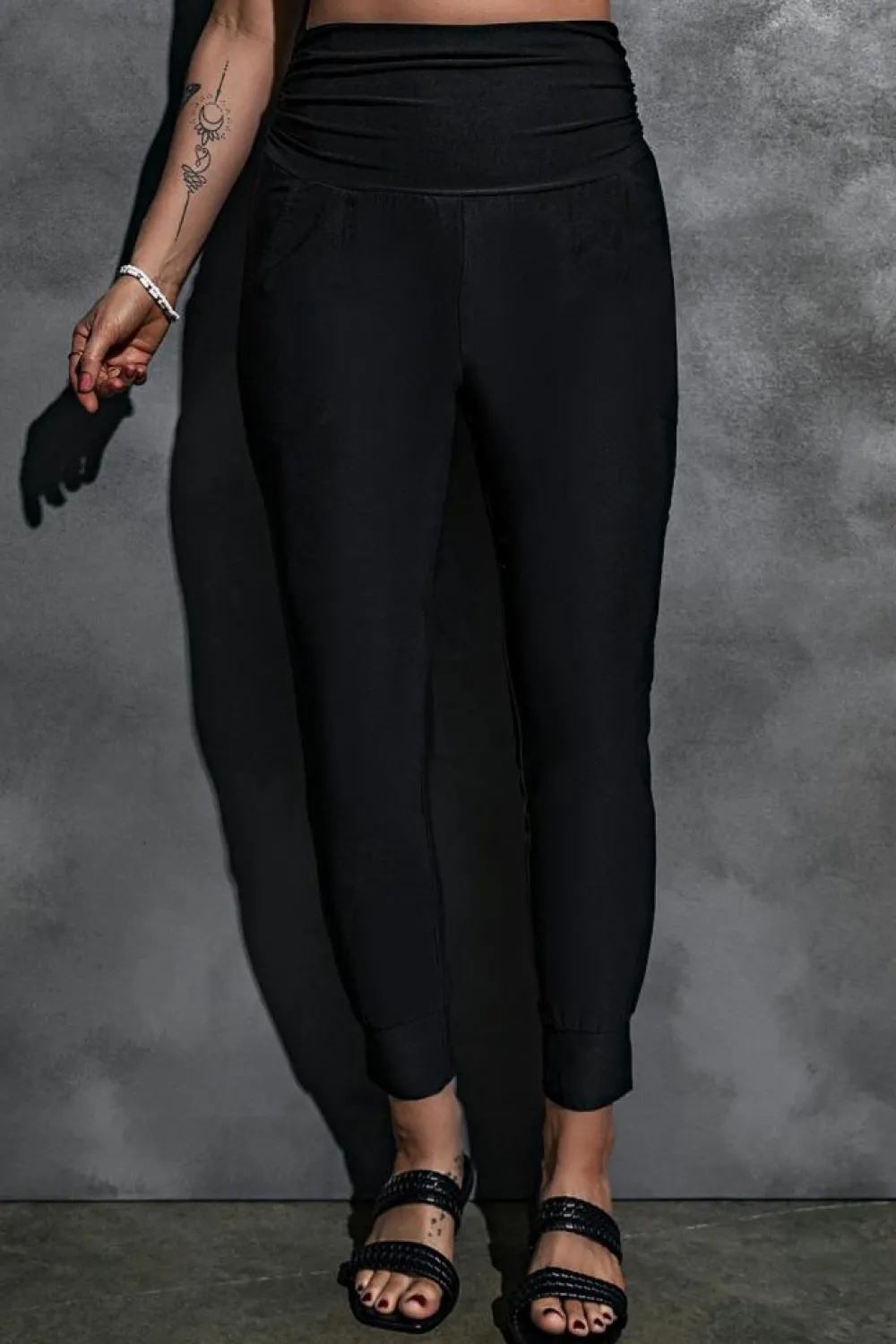 Fashion Dear-Lover High Waist Pleated Pocket Leggings Black