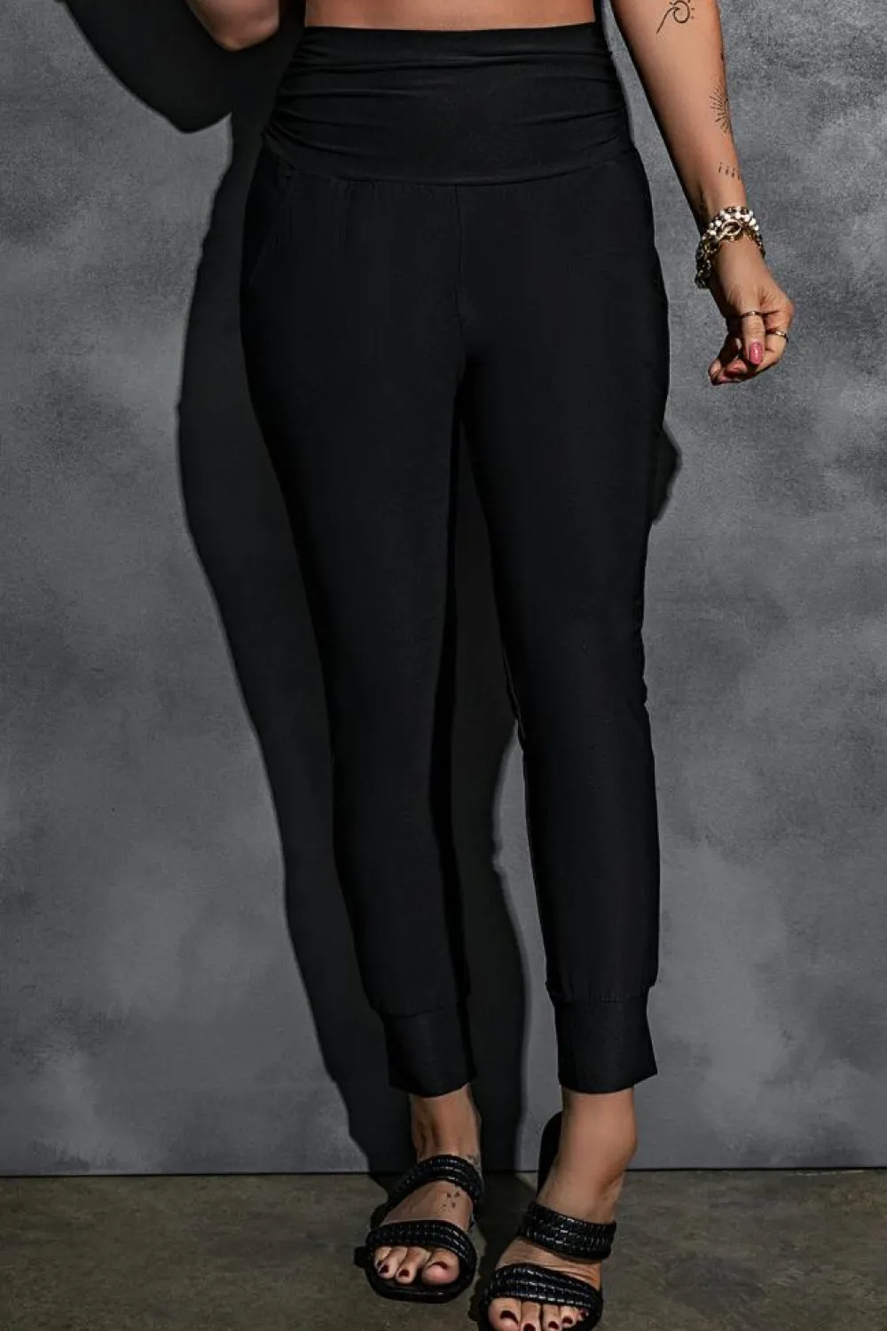 Fashion Dear-Lover High Waist Pleated Pocket Leggings Black