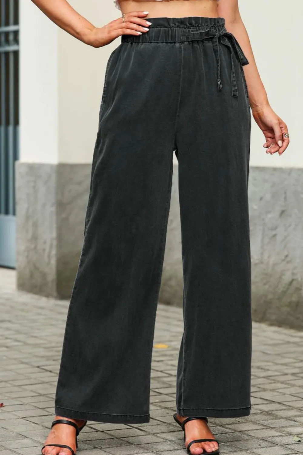 Fashion Dear-Lover High Waist Pocketed Wide Leg Tencel Jeans Black