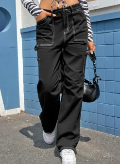 Fashion Dear-Lover High Waist Straight Leg Cargo Pants with Pockets Black