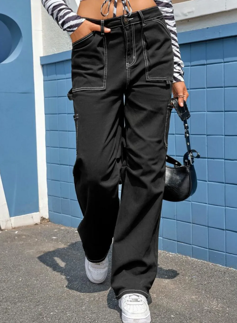 Fashion Dear-Lover High Waist Straight Leg Cargo Pants with Pockets Black