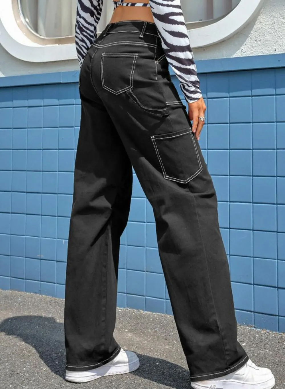 Fashion Dear-Lover High Waist Straight Leg Cargo Pants with Pockets Black