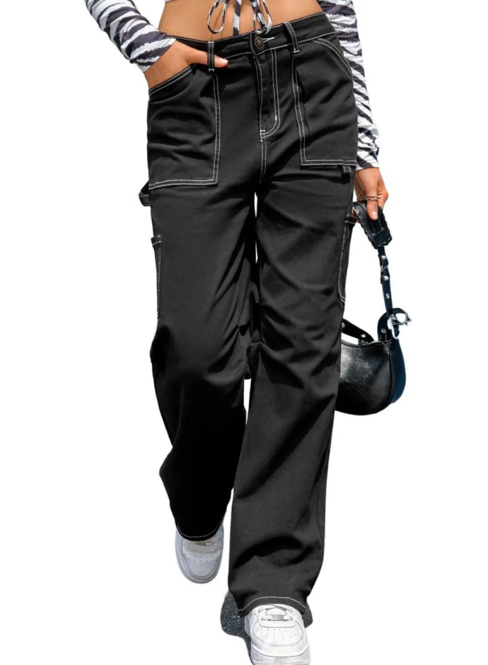 Fashion Dear-Lover High Waist Straight Leg Cargo Pants with Pockets Black