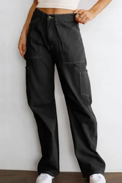 Fashion Dear-Lover High Waist Straight Leg Cargo Pants with Pockets Black