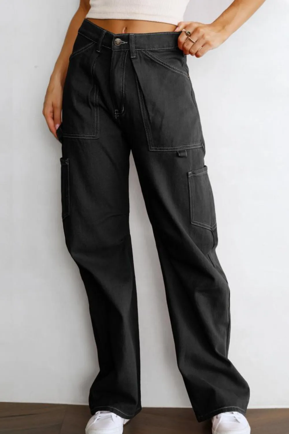 Fashion Dear-Lover High Waist Straight Leg Cargo Pants with Pockets Black