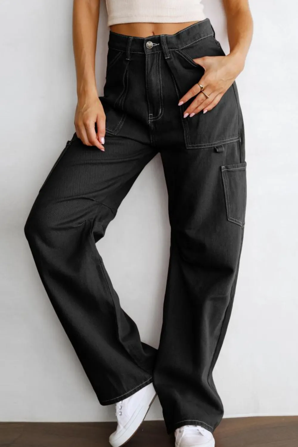 Fashion Dear-Lover High Waist Straight Leg Cargo Pants with Pockets Black
