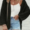 Fashion Dear-Lover Hollow Out Knit Drop Shoulder Open Front Cardigan Black