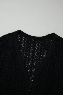 Fashion Dear-Lover Hollow Out Knit Drop Shoulder Open Front Cardigan Black