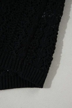Fashion Dear-Lover Hollow Out Knit Drop Shoulder Open Front Cardigan Black