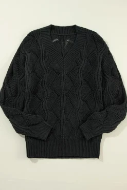 Hot Dear-Lover Hollow Out Knit V Neck Drop Shoulder Sweater Black