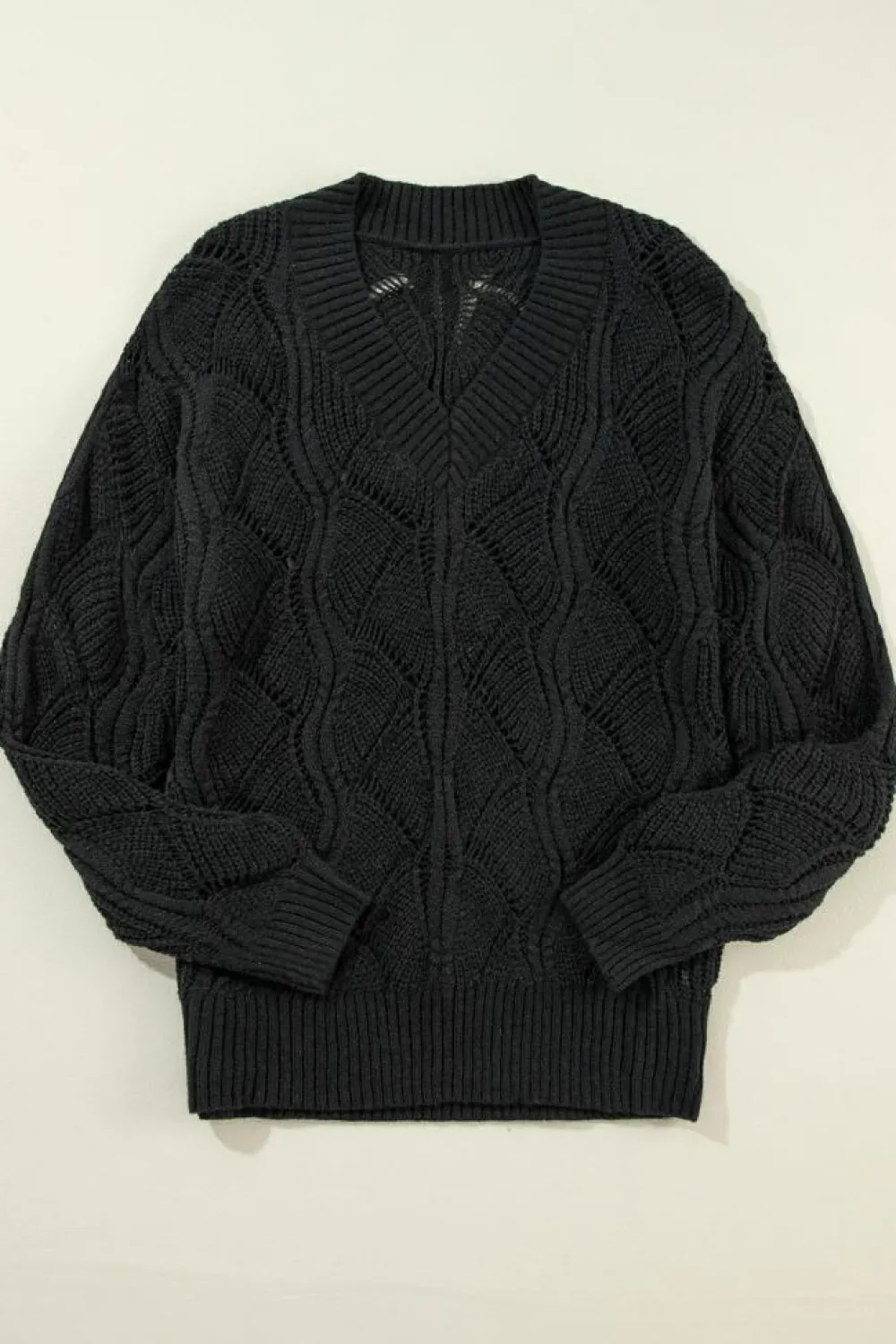 Hot Dear-Lover Hollow Out Knit V Neck Drop Shoulder Sweater Black