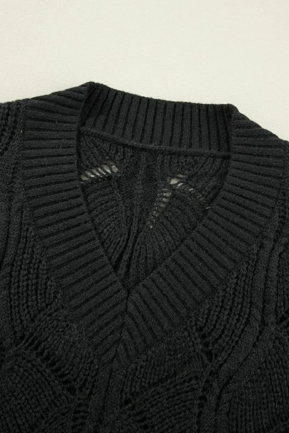Hot Dear-Lover Hollow Out Knit V Neck Drop Shoulder Sweater Black