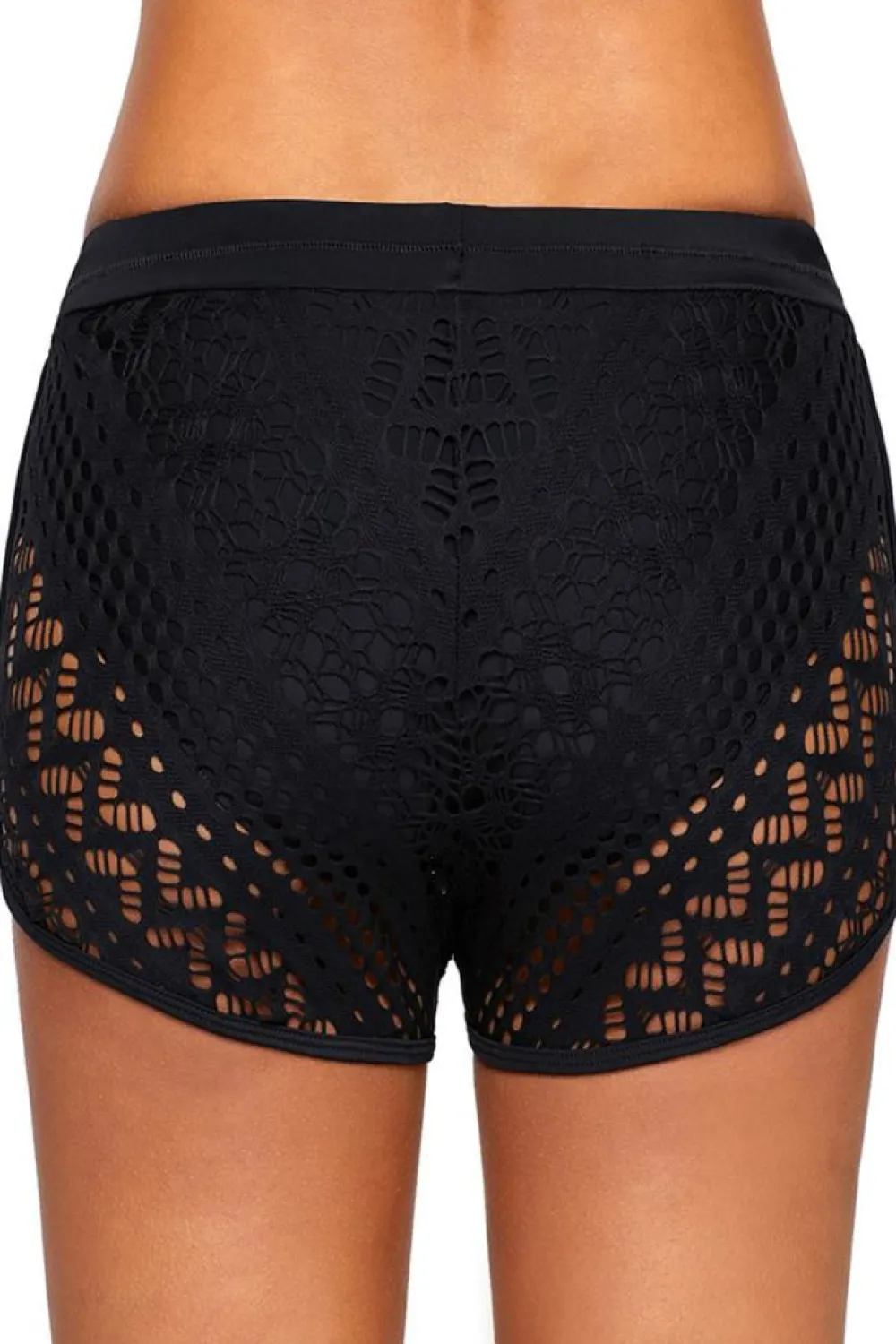 Discount Dear-Lover Hollow Out Lace Overlay Swim Short Bottom Black