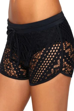 Discount Dear-Lover Hollow Out Lace Overlay Swim Short Bottom Black
