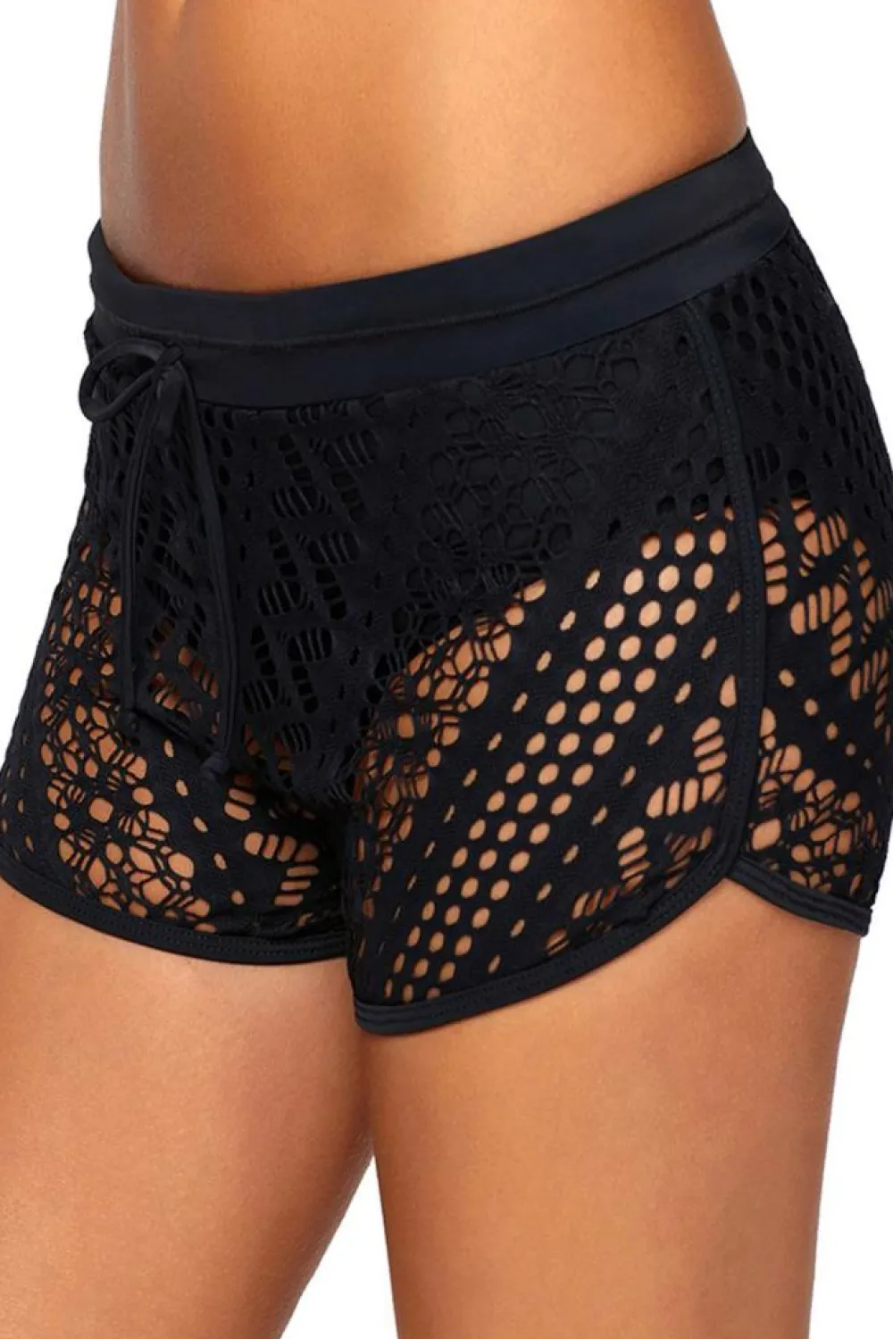 Discount Dear-Lover Hollow Out Lace Overlay Swim Short Bottom Black