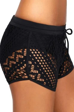 Discount Dear-Lover Hollow Out Lace Overlay Swim Short Bottom Black