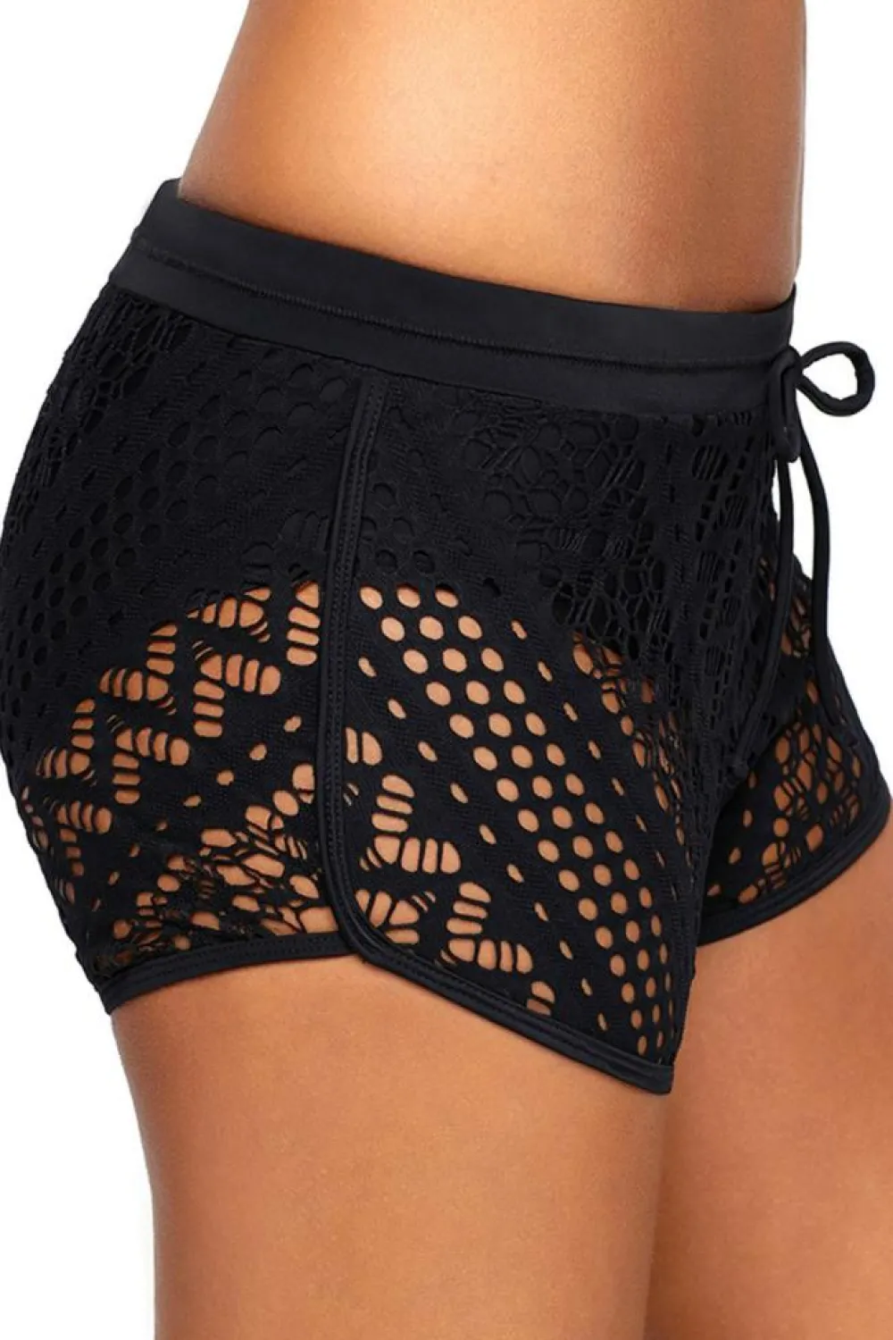 Discount Dear-Lover Hollow Out Lace Overlay Swim Short Bottom Black