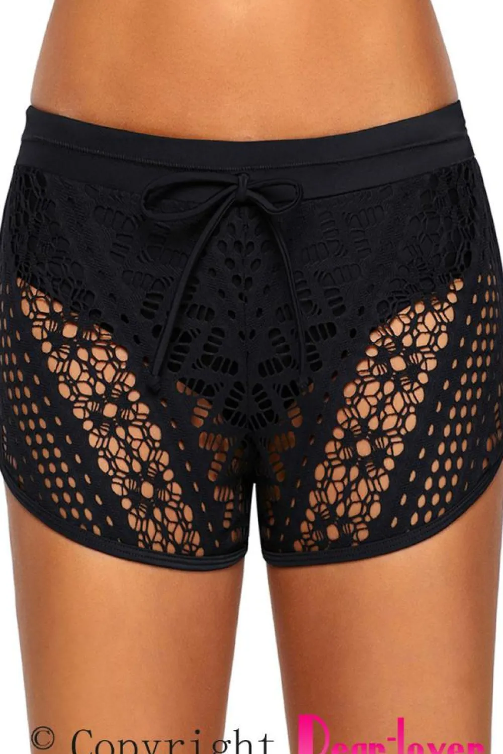 Discount Dear-Lover Hollow Out Lace Overlay Swim Short Bottom Black