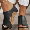 Hot Dear-Lover Hollow Out Studded PU Leather Wedge Slippers Black