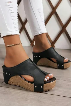 Hot Dear-Lover Hollow Out Studded PU Leather Wedge Slippers Black