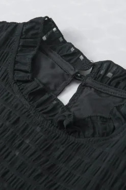 Discount Dear-Lover Hollowed Texture Ruffle Sleeve Blouse Black