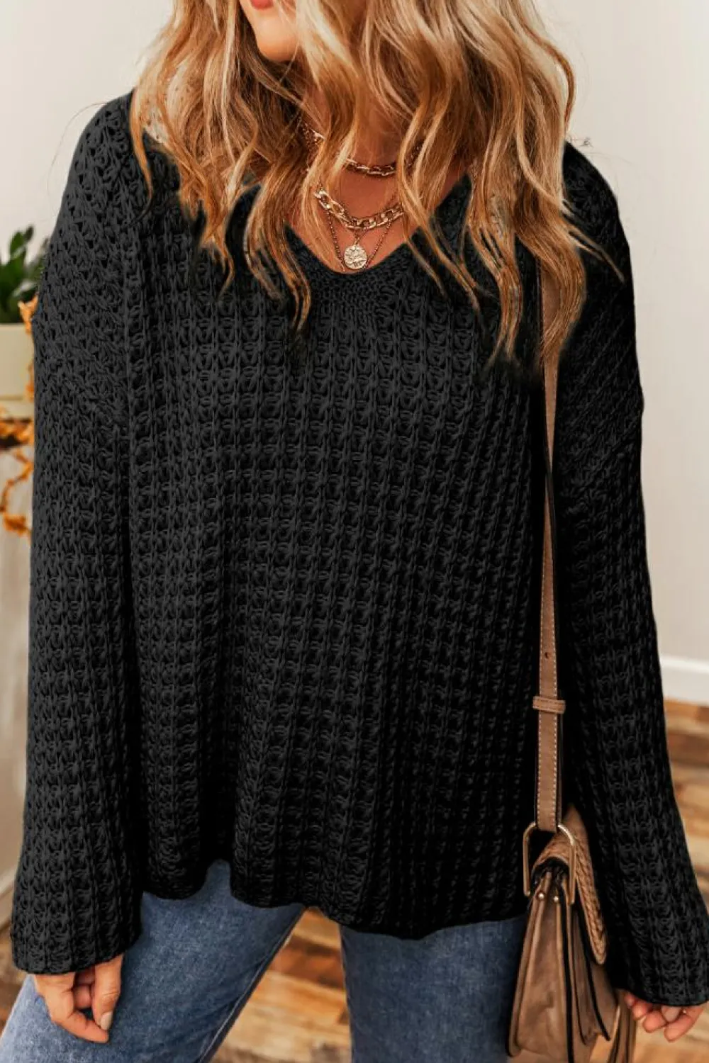 Fashion Dear-Lover Hollow-out Crochet V Neck Sweater Black