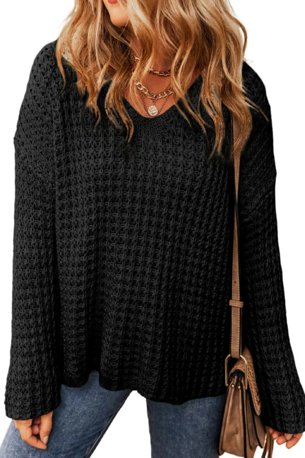 Fashion Dear-Lover Hollow-out Crochet V Neck Sweater Black