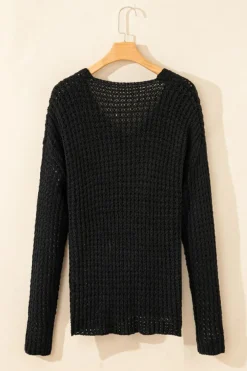Fashion Dear-Lover Hollow-out Crochet V Neck Sweater Black
