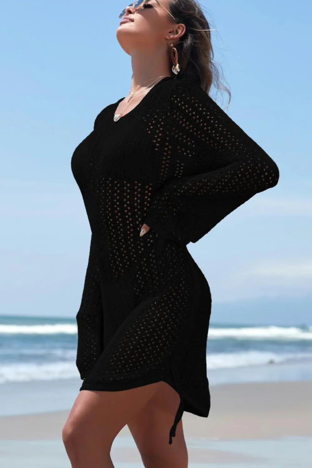 Outlet Dear-Lover Hollowout Knit Bell Sleeve Drawstring Short Beach dress Black