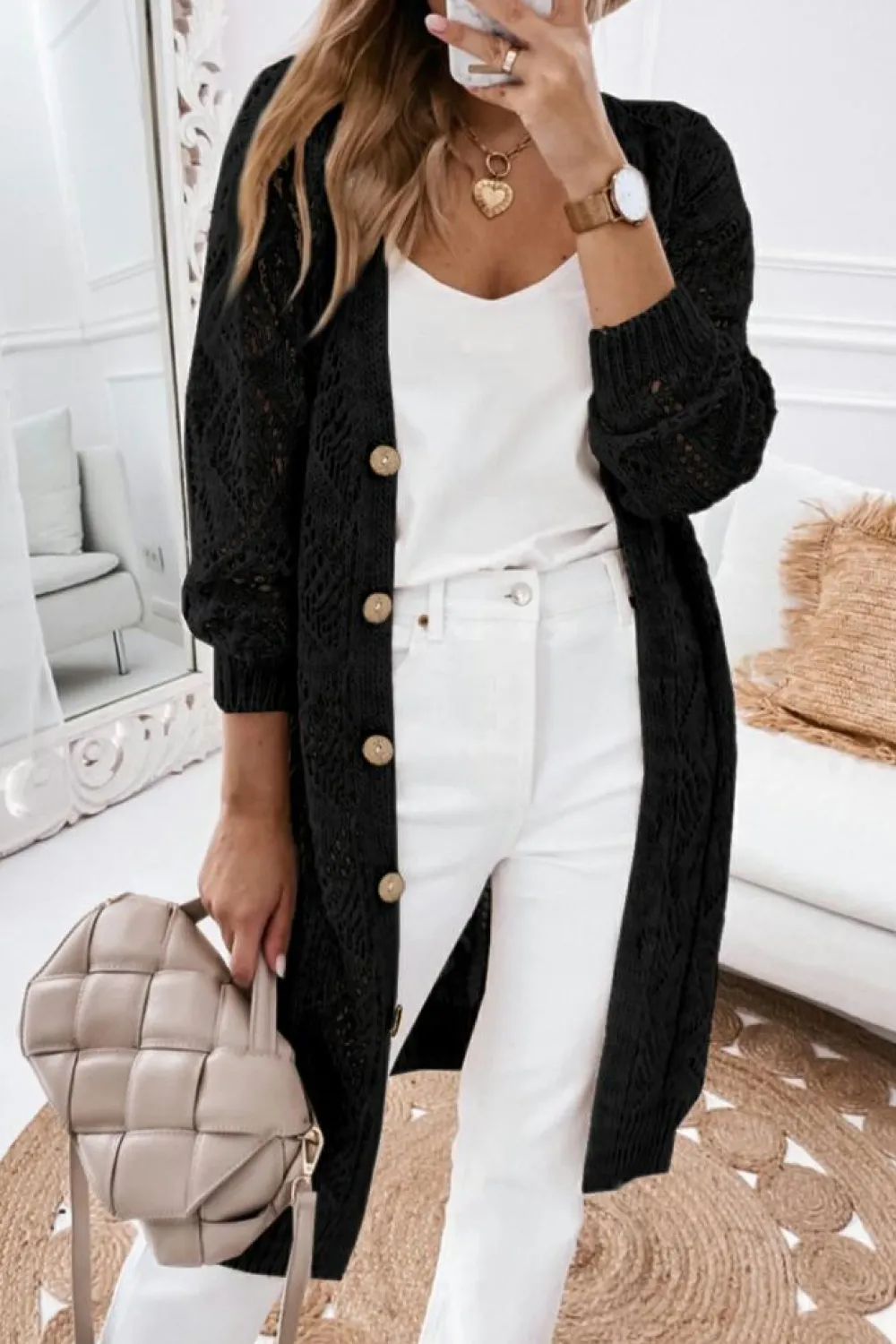 Fashion Dear-Lover Hollow-out Openwork Knit Cardigan Black