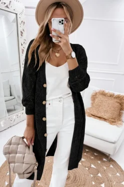 Fashion Dear-Lover Hollow-out Openwork Knit Cardigan Black