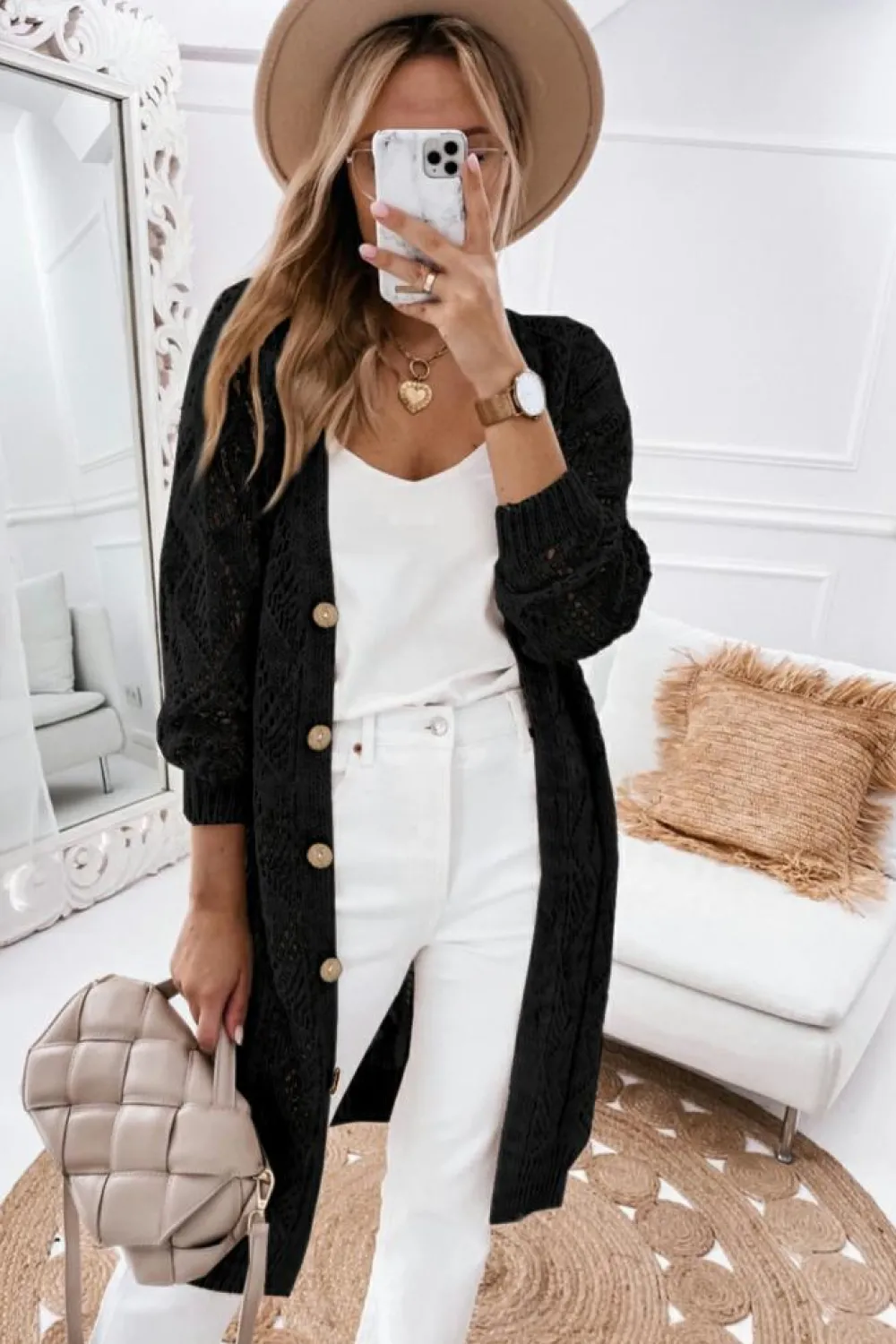 Fashion Dear-Lover Hollow-out Openwork Knit Cardigan Black