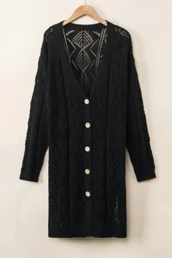 Fashion Dear-Lover Hollow-out Openwork Knit Cardigan Black