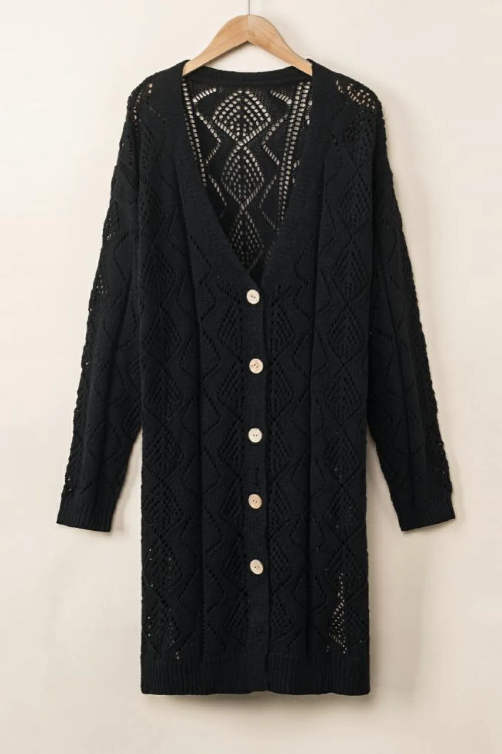 Fashion Dear-Lover Hollow-out Openwork Knit Cardigan Black
