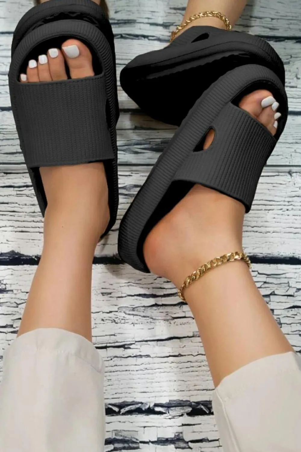 Discount Dear-Lover Hollow-out Thick Soled Slip On Slippers Black