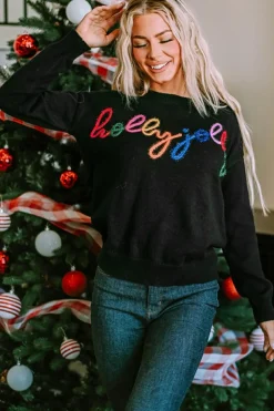 Clearance Dear-Lover Holly Jolly Round Neck Casual Sweater Black