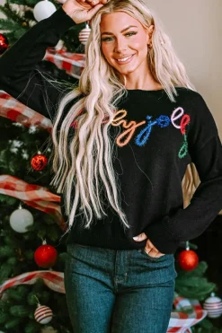 Clearance Dear-Lover Holly Jolly Round Neck Casual Sweater Black